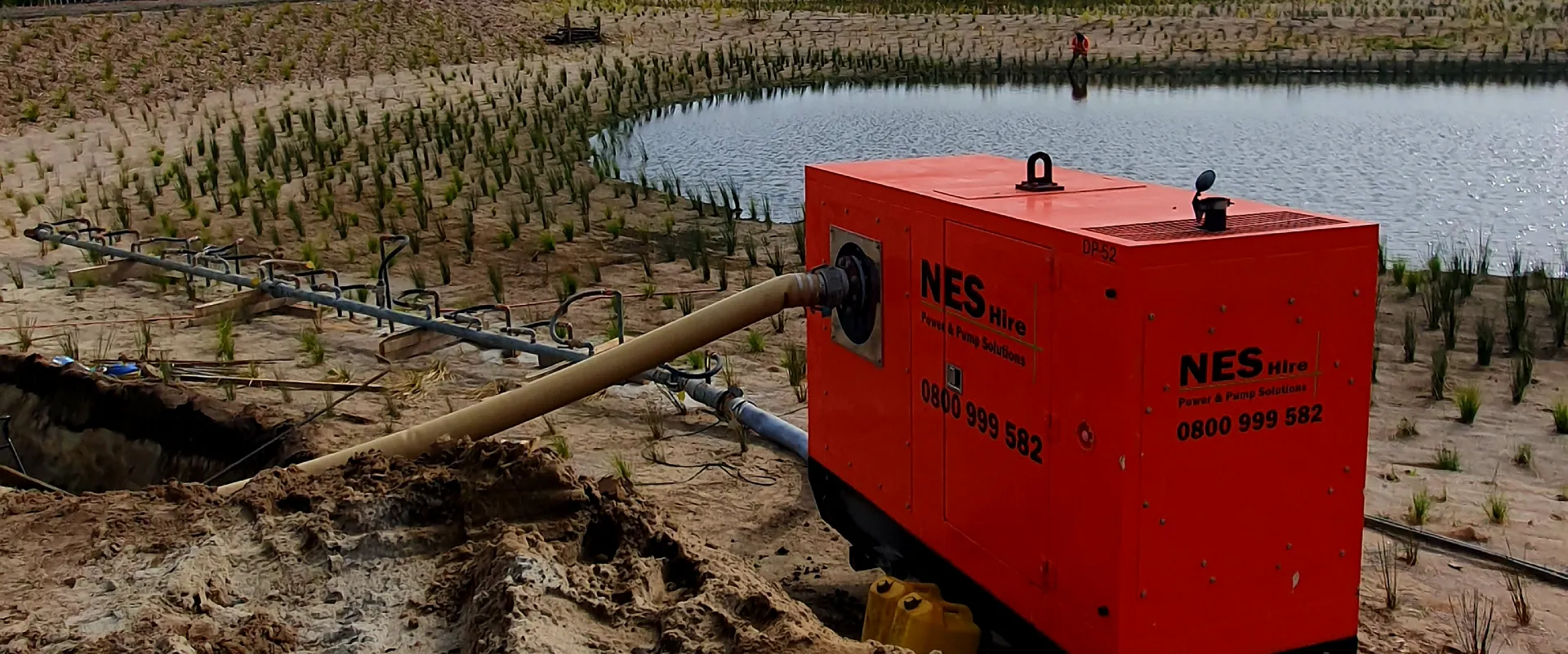 Contact us for details about this industrial pump onsite filling a new water settlememt pond.