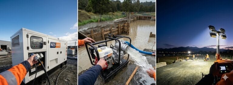 Portable power generator with water pumps and lighting all operating in the field thanks to NES Hire.