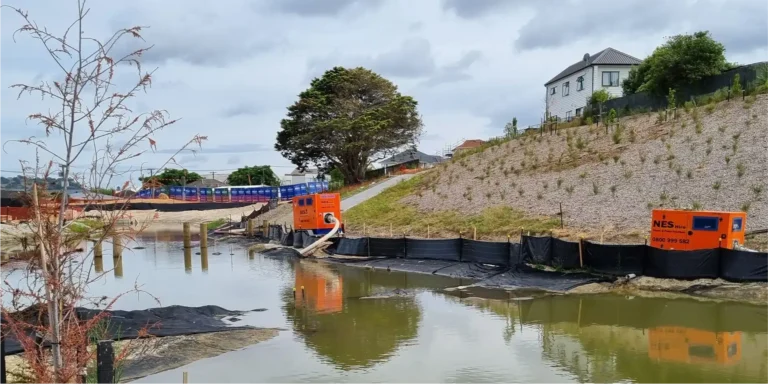 Dewatering and flood water management pumps hired from NES Hire in action removing flood waters.